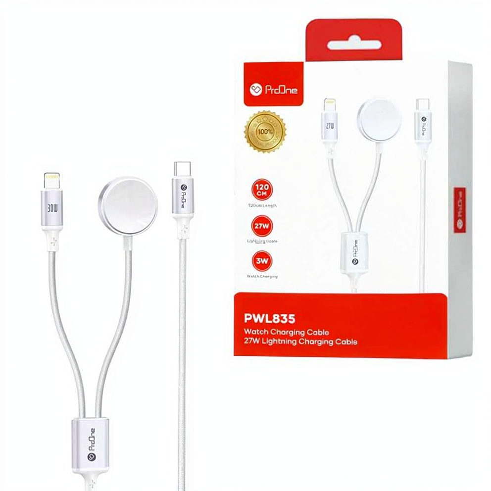 کابل شارژ تایپ سی به لایتنینگ + شارژر بی سیم ساعت پرووان مدل PROONE PWL835 2IN1 سفید
